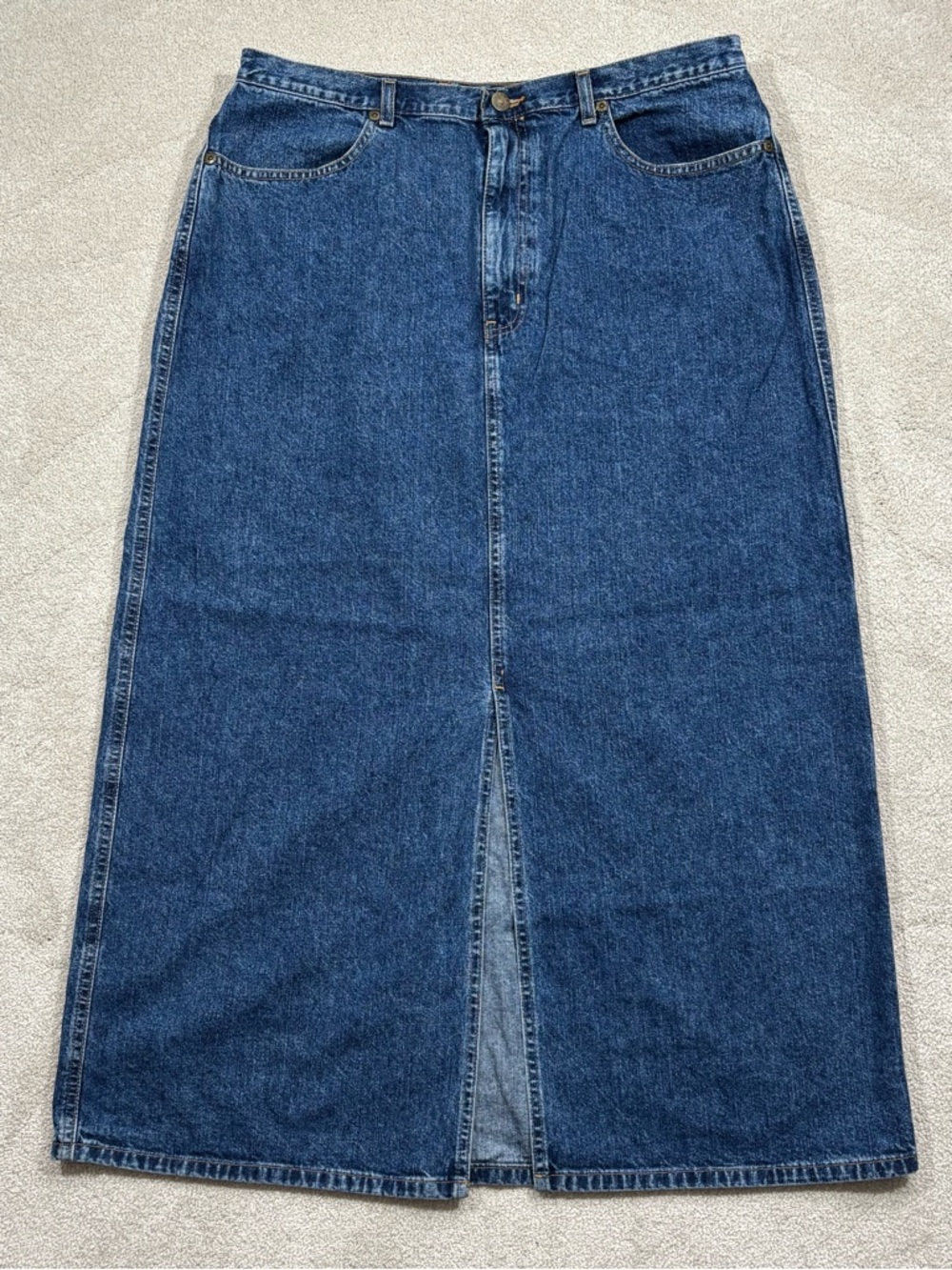 Vintage Eddie Bauer 100% Cotton High Waisted Denim Maxi Skirt Front Slit Size 16
